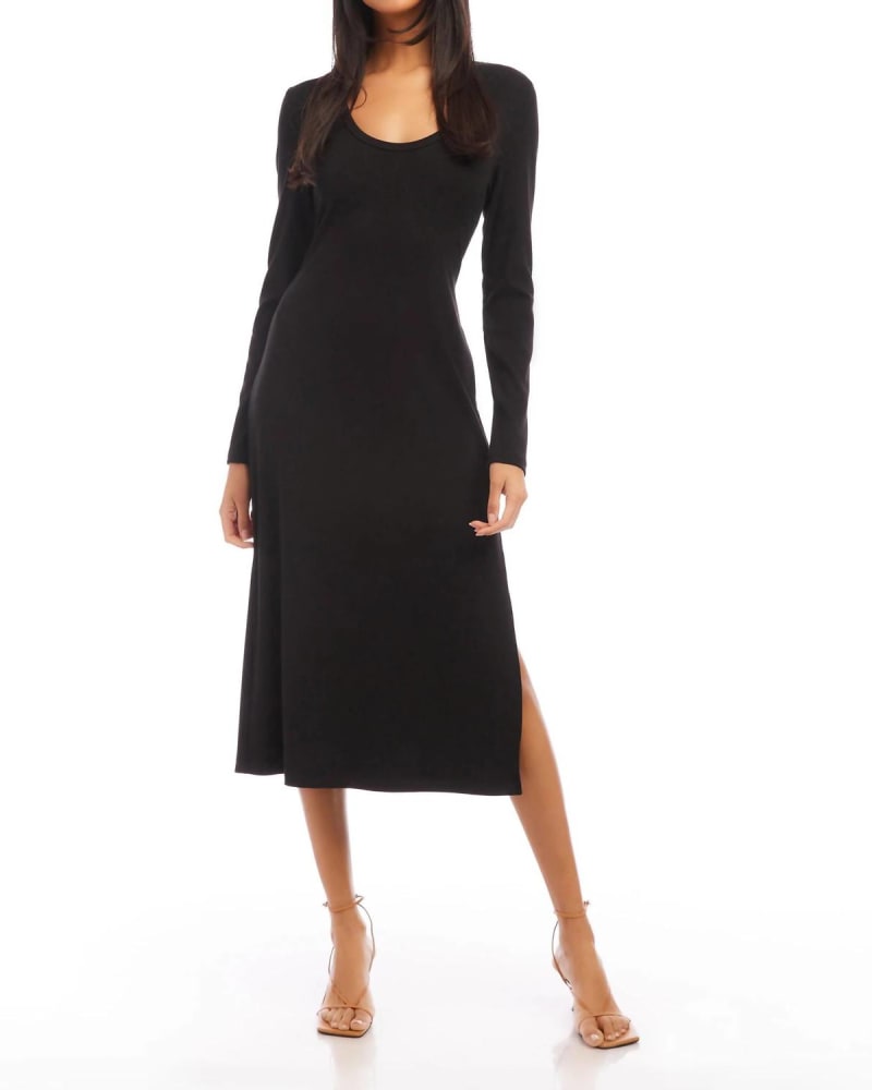Front of a model wearing a size L Long Sleeve Scoop Neck Dress in Black in Black by Fifteen Twenty. | dia_product_style_image_id:363471